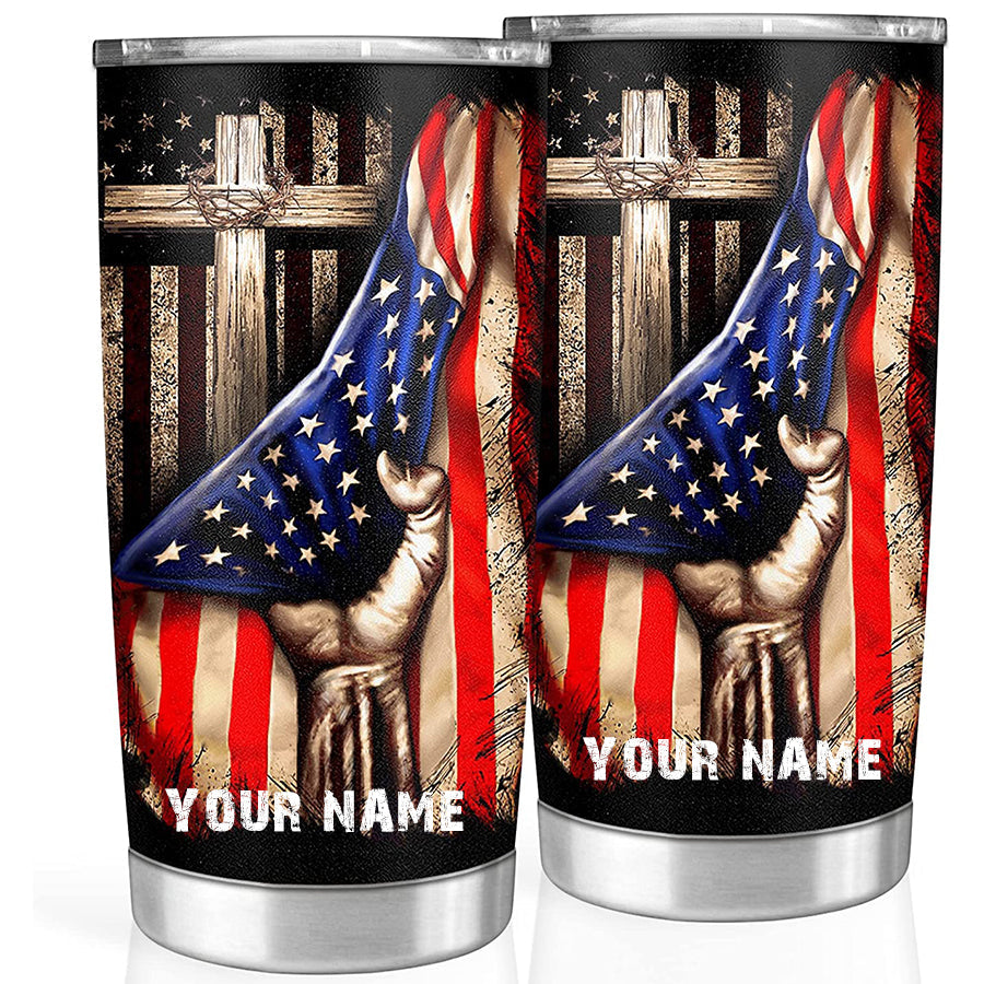 Christian Gifts for Men, Personalized American Flag Tumbler for Men, Military Veterans Patriots Gifts for Men, Fathers Day Birthday Anniversary Retirement Gift