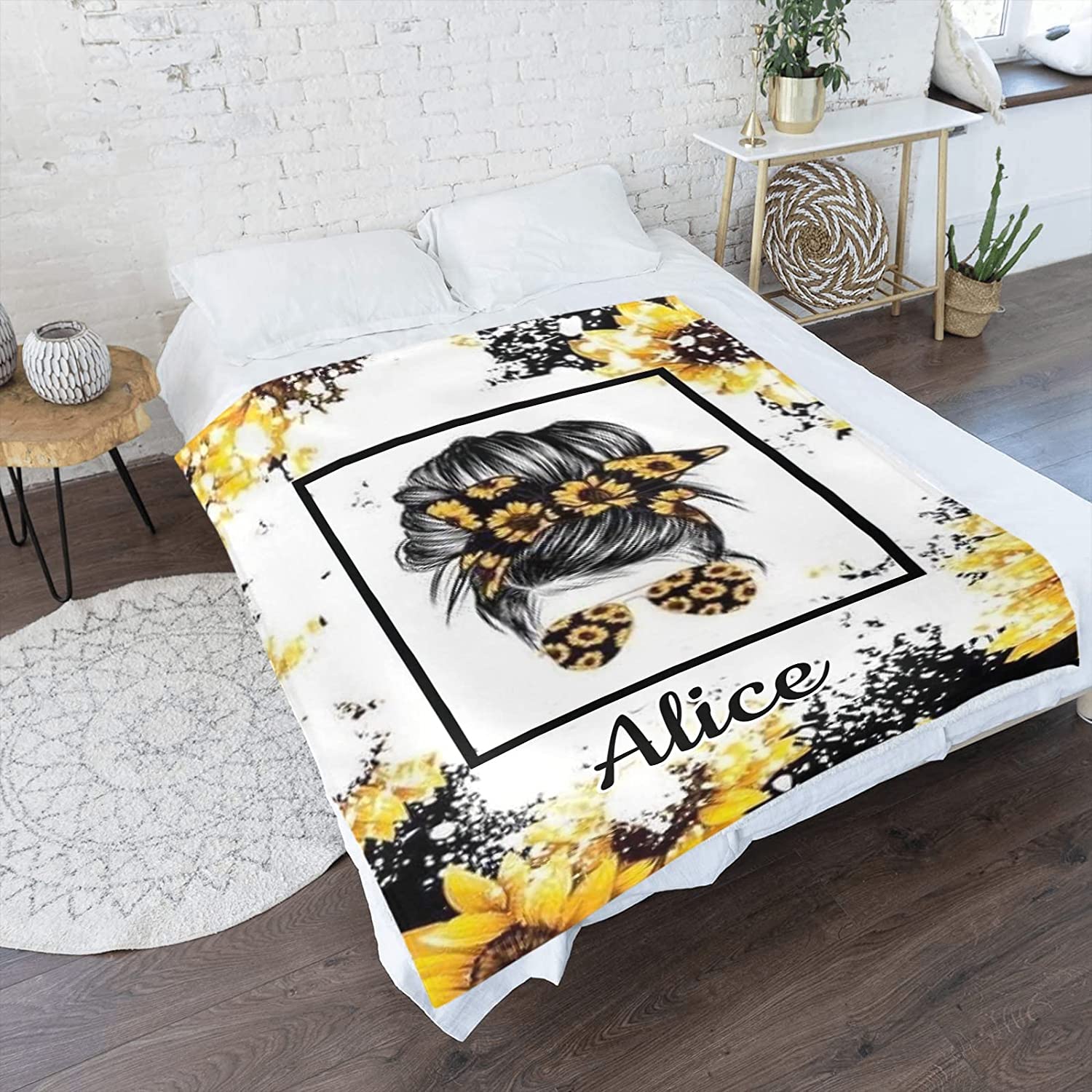 Custom Blanket Personalized Sunflower Cool Girl, Birthday Valentine gift For Her Girlfriend Soft Fleece Throw Blanket with Name for Gifts Sofa Bed