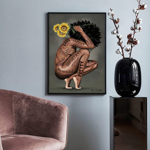 Black Women Poster African American Wall Decor Queen Canvas Prints Portrait Art Abstract Sunflower Printing Giclee Print Unframed For Office Bedroom