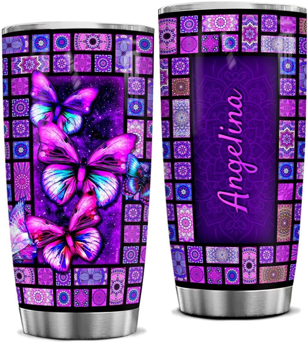 Personalized Butterfly Tumbler Mandala Pattern Design Tumblers Cup with Lid Coffee Mugs Custom Gifts for Women Girls Female Animal Lovers Birthday Christmas Presents Idea