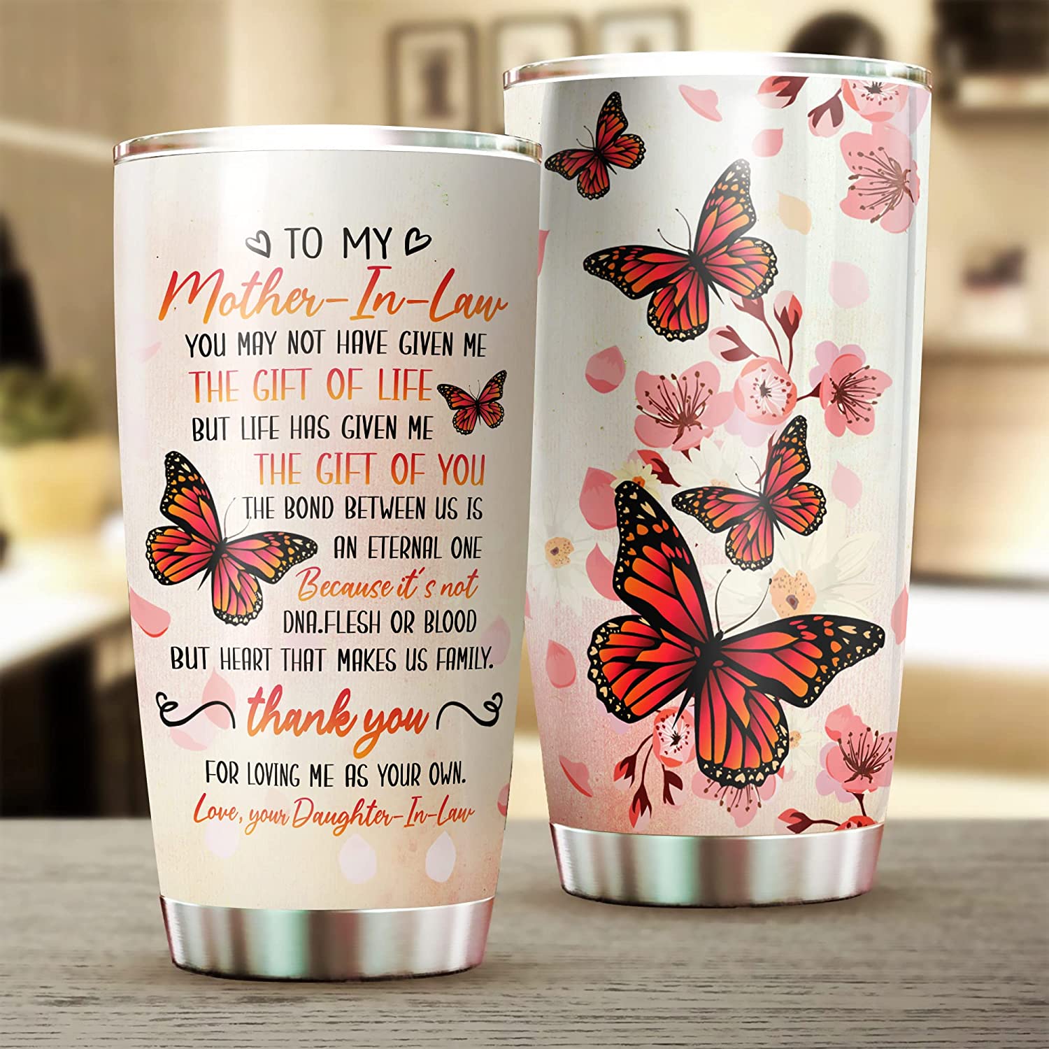 To my mother in law - life has given me the gift of you, butterfly Tumbler Cup, Mother-in-law Stainless Steel Coffee Tumbler with Lid, Insulated Vacuum Travel Coffee Mug.