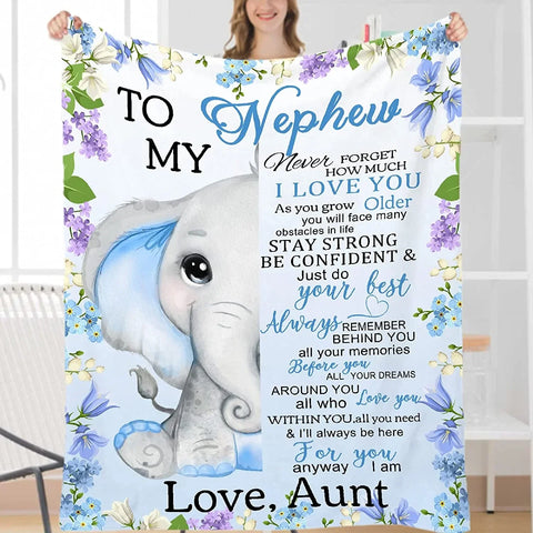 to My Nephew Blanket Birthday Anniversary Gift, Nephew Gifts from Aunt, Nephew Gift Ideas for Birthday Christmas ,Gifts for Nephew Elephant Floral