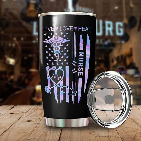 Nurse Tumbler Live Love Heal Flag Nurse - Custom Name Nurse Gift Tumbler Cup with Lid, Nurse's Day, Birthday, Nurse Gifts for Women, Nurse Graduation Gifts for Her, Travel Coffee Mug