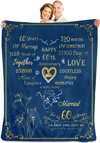 60Th Wedding For Couple Dad Mom Parents Grandparents, 60Th Anniversary Throw Blanket Personalized Valentine Day Birthday Gifts