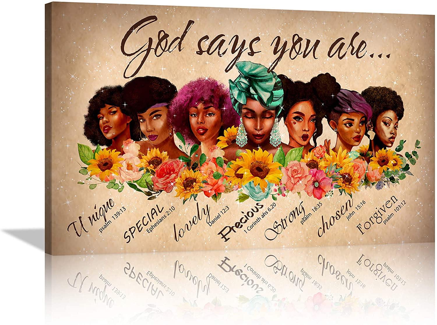 African American Wall Art God Says You are Sunflower Inspirational Canvas Prints Black Woman Art