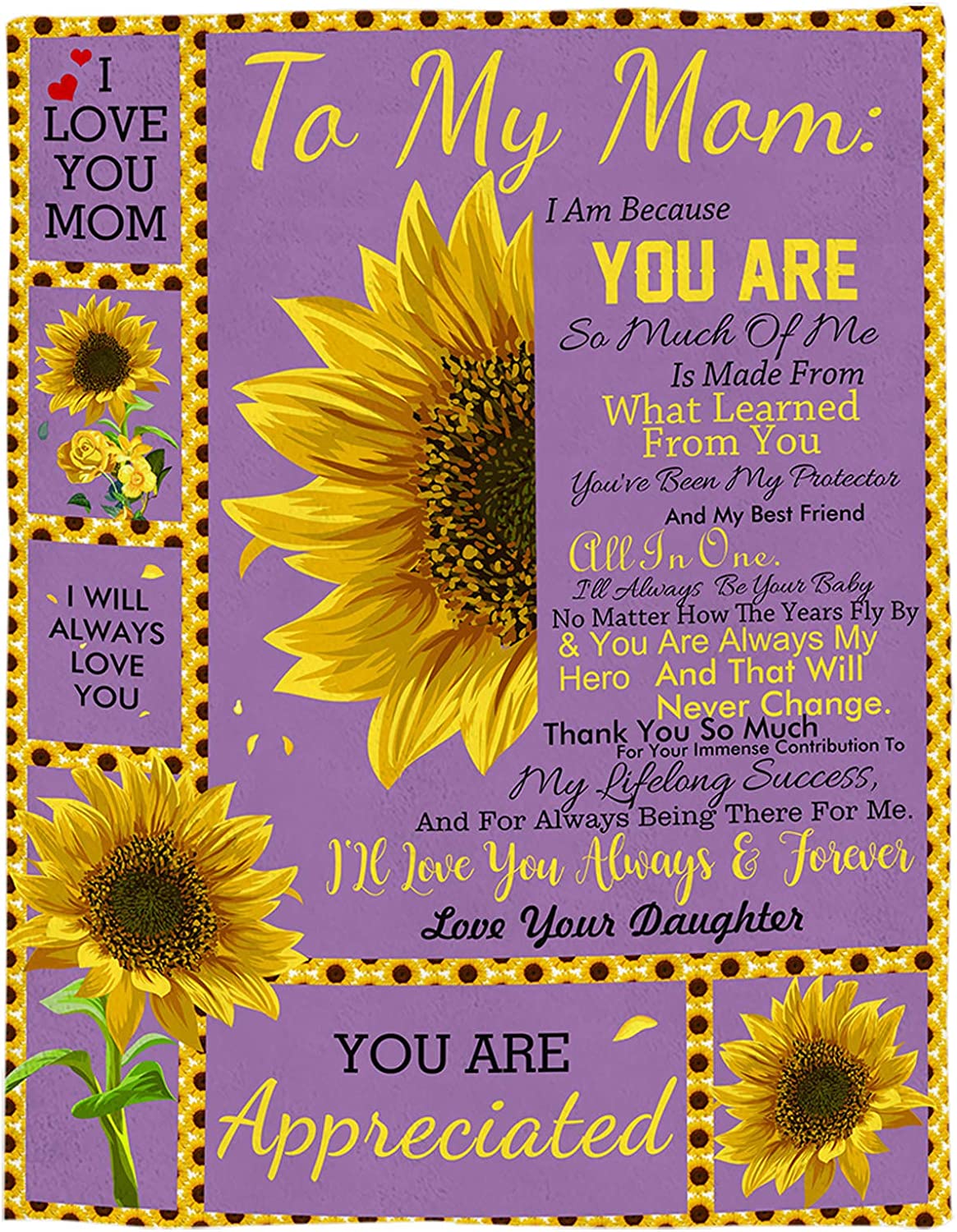 to My Mom Sunflower Purple Blankets, Valentine MOther day Birthday Gift from Daughter for Mom, Decorative for Home Sofa Couch Chair Living Bedroom,