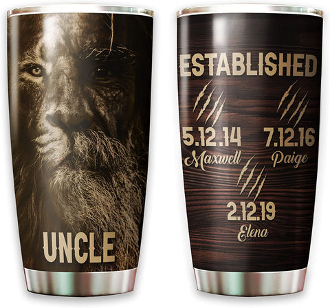 Uncle Tumbler, Old Lion Uncle Established Tumblers Personalized Uncle Coffee Tumbler for Men Papa to Be Insulated Travel Tumbler for Fathers Day Birthday Christmas Present