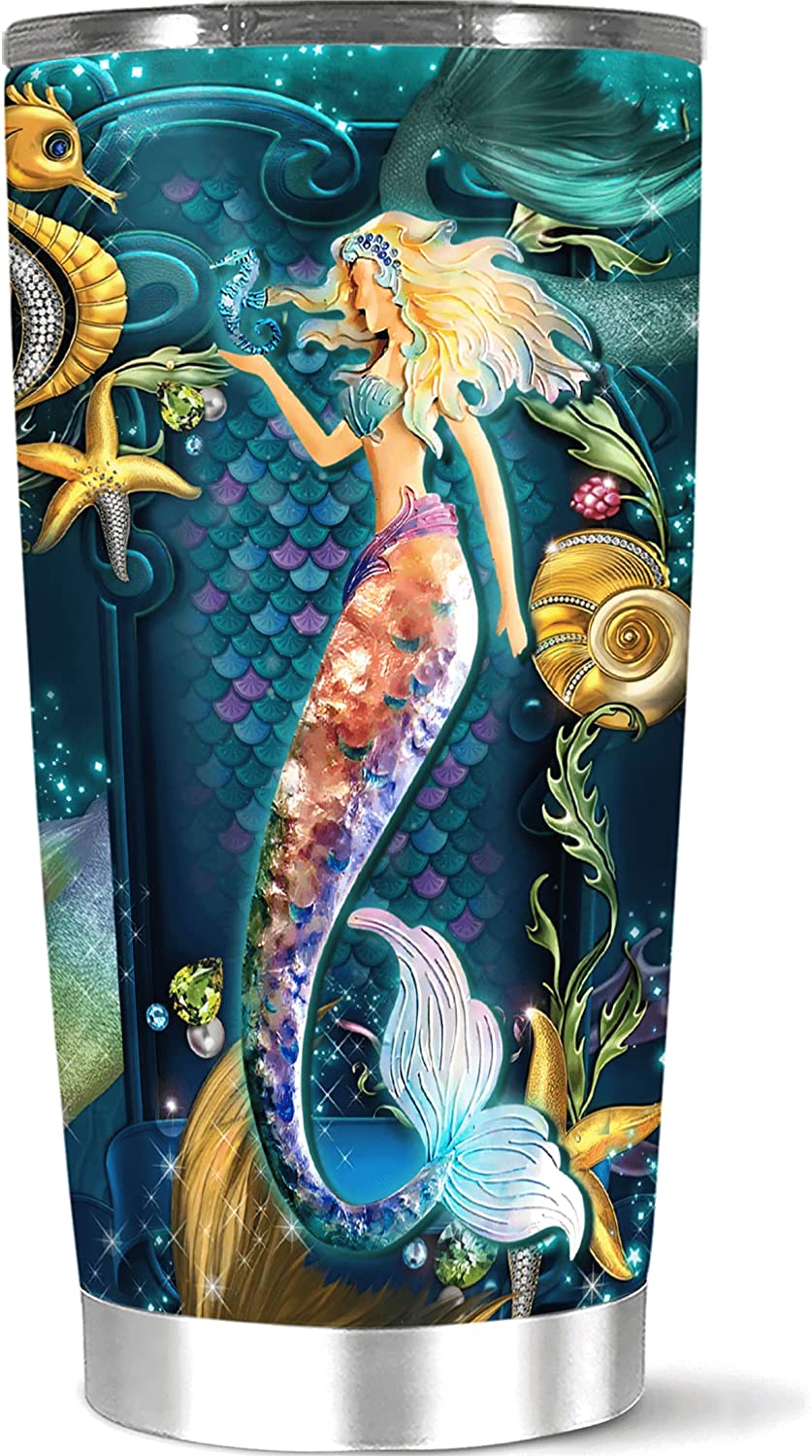 Aesthetic Beach Mermaid Inspiration Coffee Tumbler Leak Proof Metal Drinking Cups Teen Girls Ocean Theme Insulated Cup Birthday Stainless Steel Vacuum Water Bottle With Lid