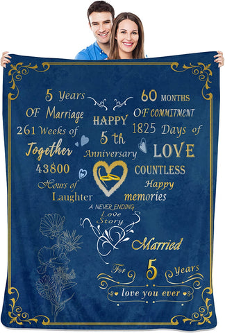 5Th Anniversary Wedding Blanket Gift For Couple Wife Husband Her Him 5 Year Marriage, Romantic Throw Blankets Valentine Day Birthday Gifts