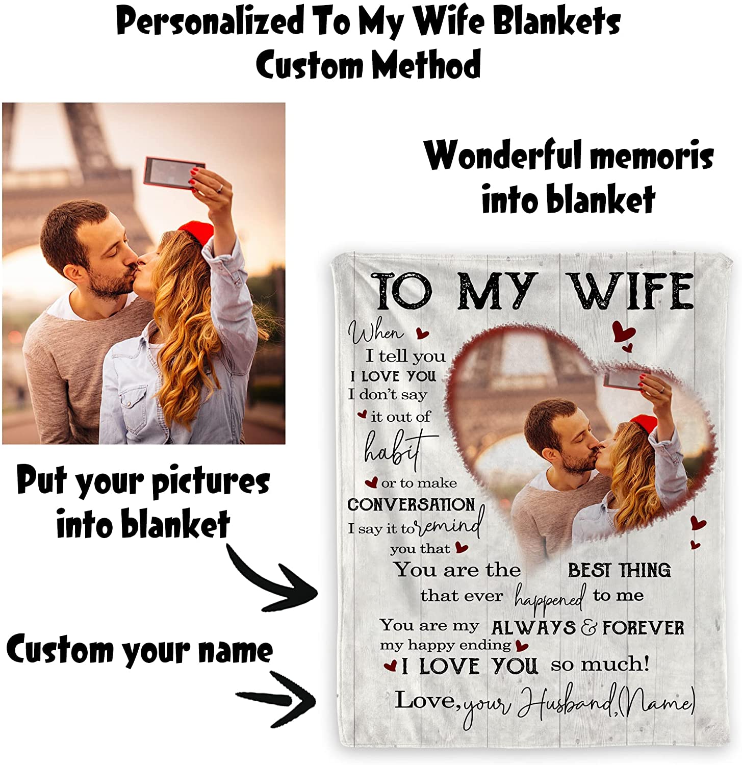 To My Wife Gift Blanket From Husband Custom Blanket With Picture Name Change,Personalized Wife Anniversary Birthday Gifts For Her From Husband For Valentine, Christmas, Wedding, Anniversary, Birthday I Love You Gifts For Wife In Law