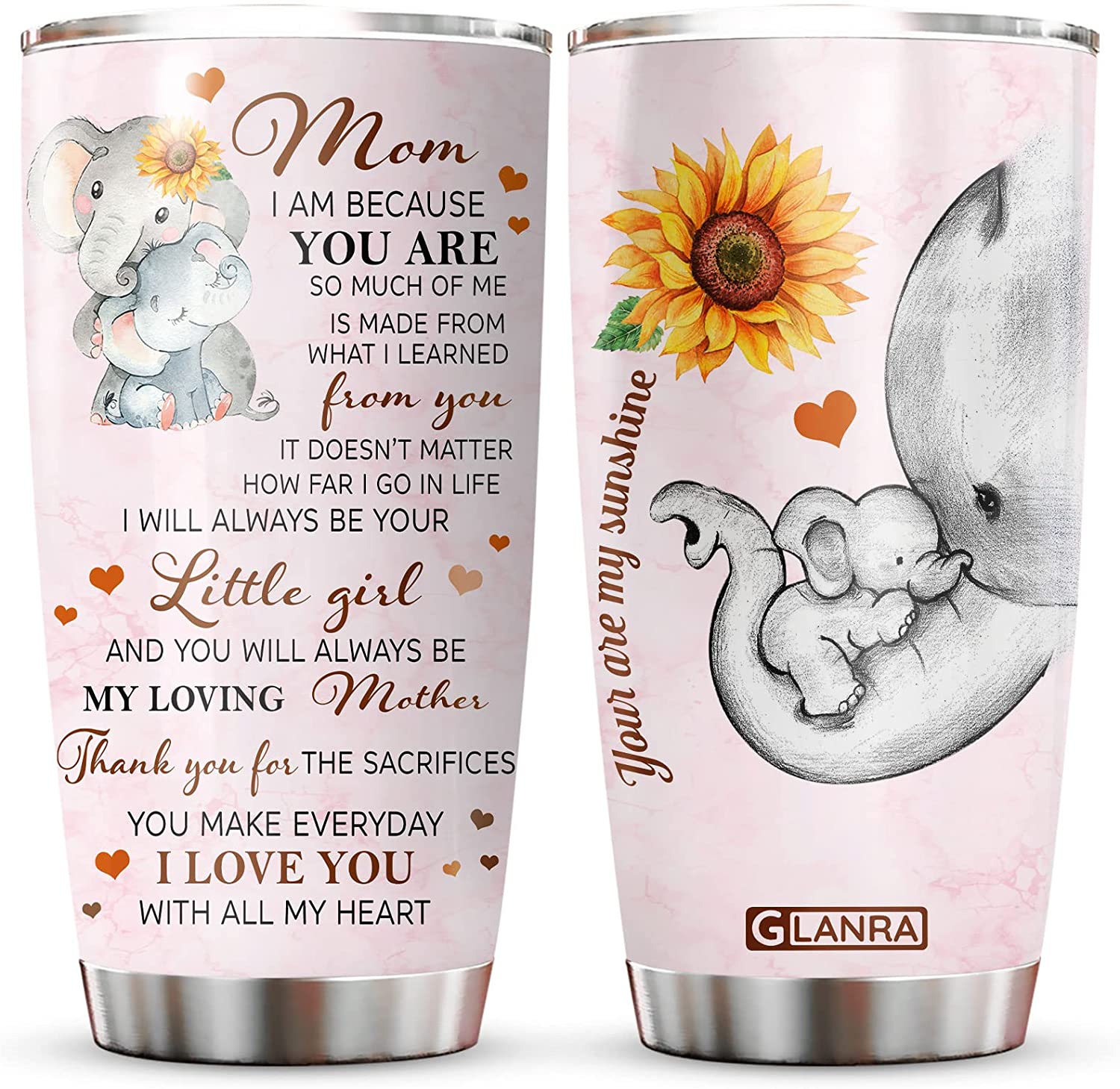 Mom Tumbler, You Are My Sunshine Elephant Mom Tumbler Cup With Lid, I Will Always Be Your Little Girl Sunflower Double Wall Vacuum Thermos Insulated Travel Coffee Mug Mothers Day