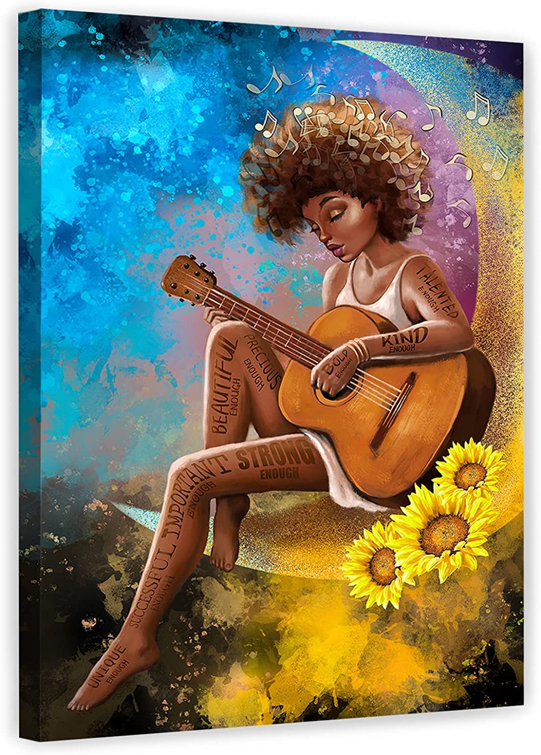 African American Woman With Sunflower Guitar Wall Art, Black Woman for Bedroom Living Room, Wall Art Modern Home Decoration