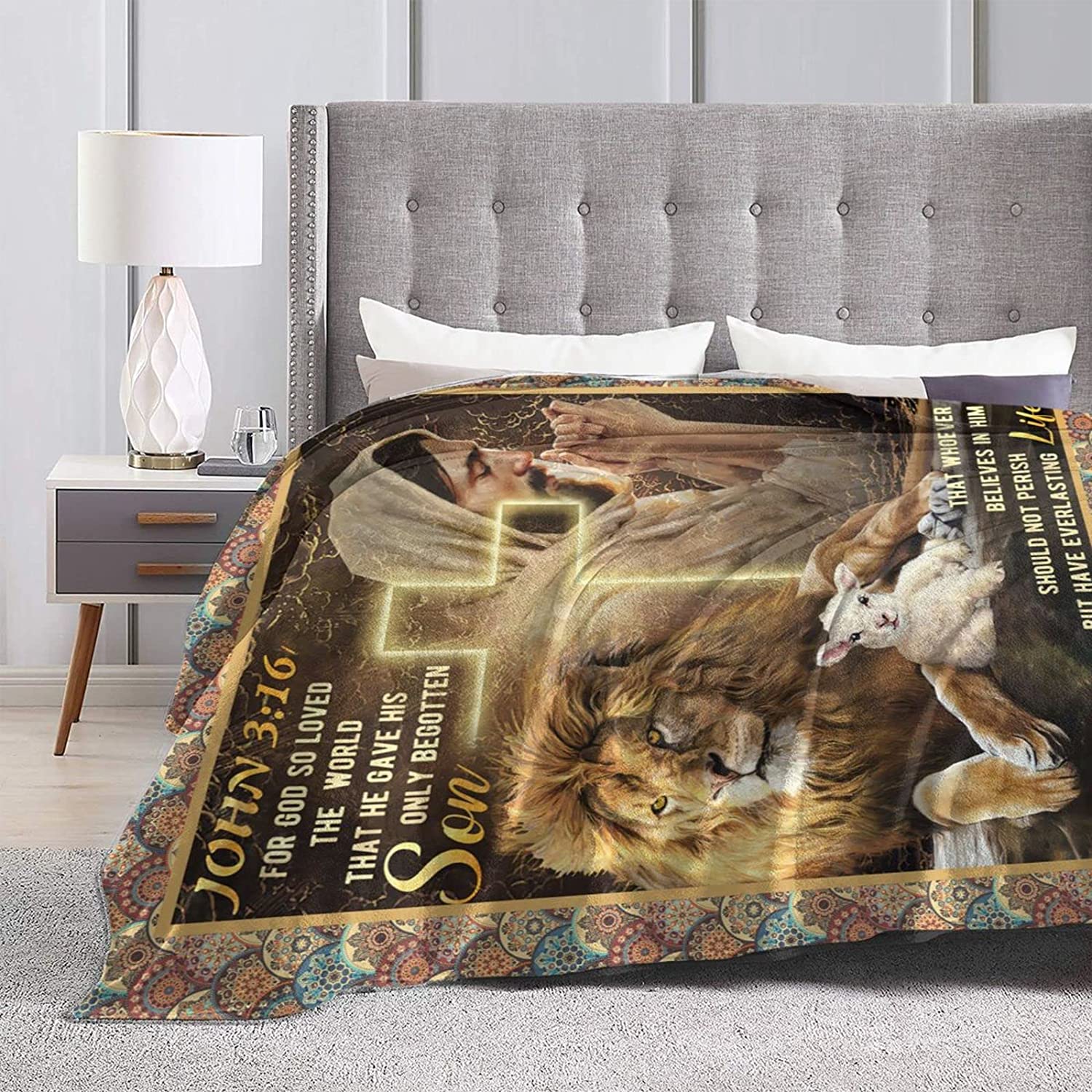 John 3.16 Christian Blanket for Men Christ Lion Lamb Cross Jesus Religious Faith Throw Blanket Christian Bedroom Decor Blanket Gifts for Men Women