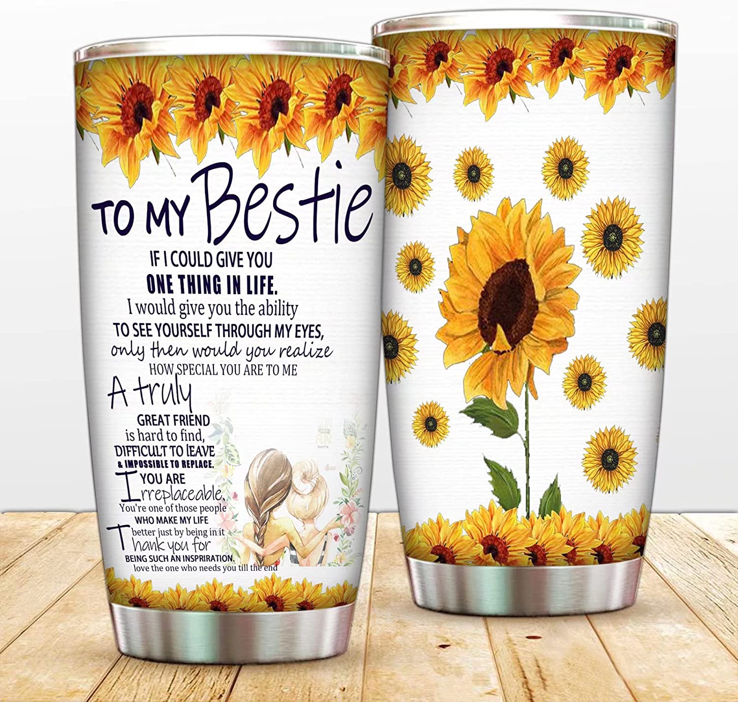 Bestie Gift, Best Friend Travel Tumbler Cup With Lip Friendship Sister Cup Sunflower Bestie Double Walled Insulated Coffee Mug, Multicolor