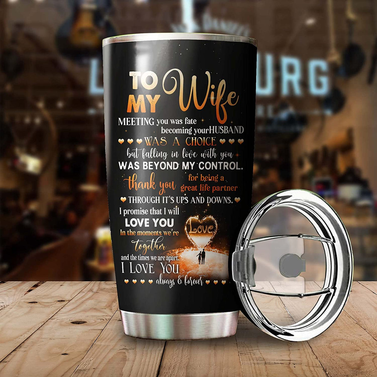 Wife Tumbler, Personalized Valentine Tumbler for Wife, Gift from Husband I Met You, Meeting You Was Fate, Vacuum Stainless Steel Travel Cup with Lid, Custom Gifts on Birthday, Anniversary, Mother’s Day