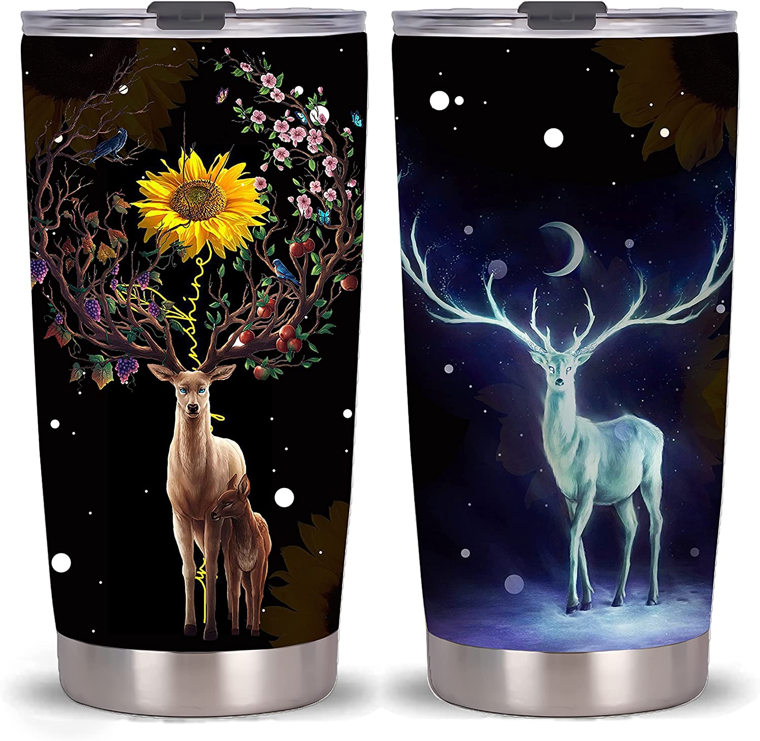 Deer Tumbler Cup , Double Wall Vacuum Insulated Tumbler With Lid, Stainless Steel Travel Mug, Powder Coated Coffee Cup (Deer Galaxy)