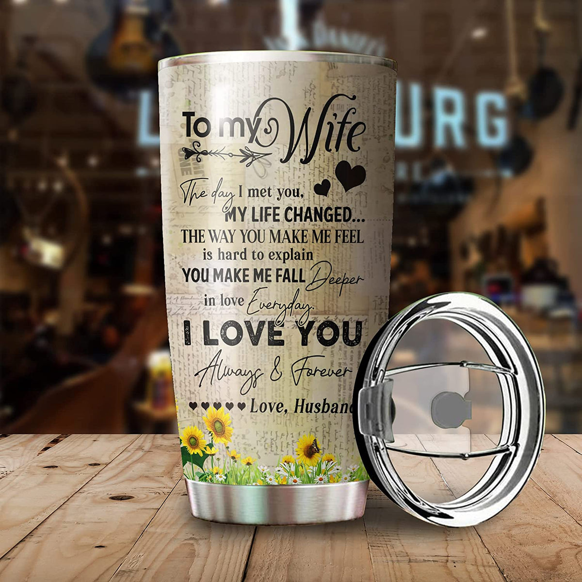 Wife Tumbler, Personalized Valentine Tumbler for Wife, Gift from Husband The Day I Met You, My Life Changed, Vacuum Stainless Steel Travel Cup with Lid, Custom Gifts