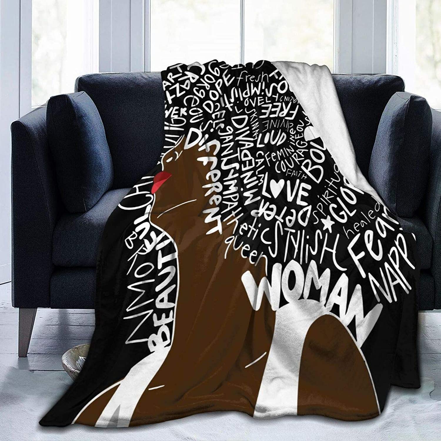 African Black Art Flannel Blanket African American Woman Inspirational Quote Hair Throw Blanket,Afro Black Woman Blanket,Soft Fuzzy Plush Fleece Blanket For Couch Sofa Bedroom