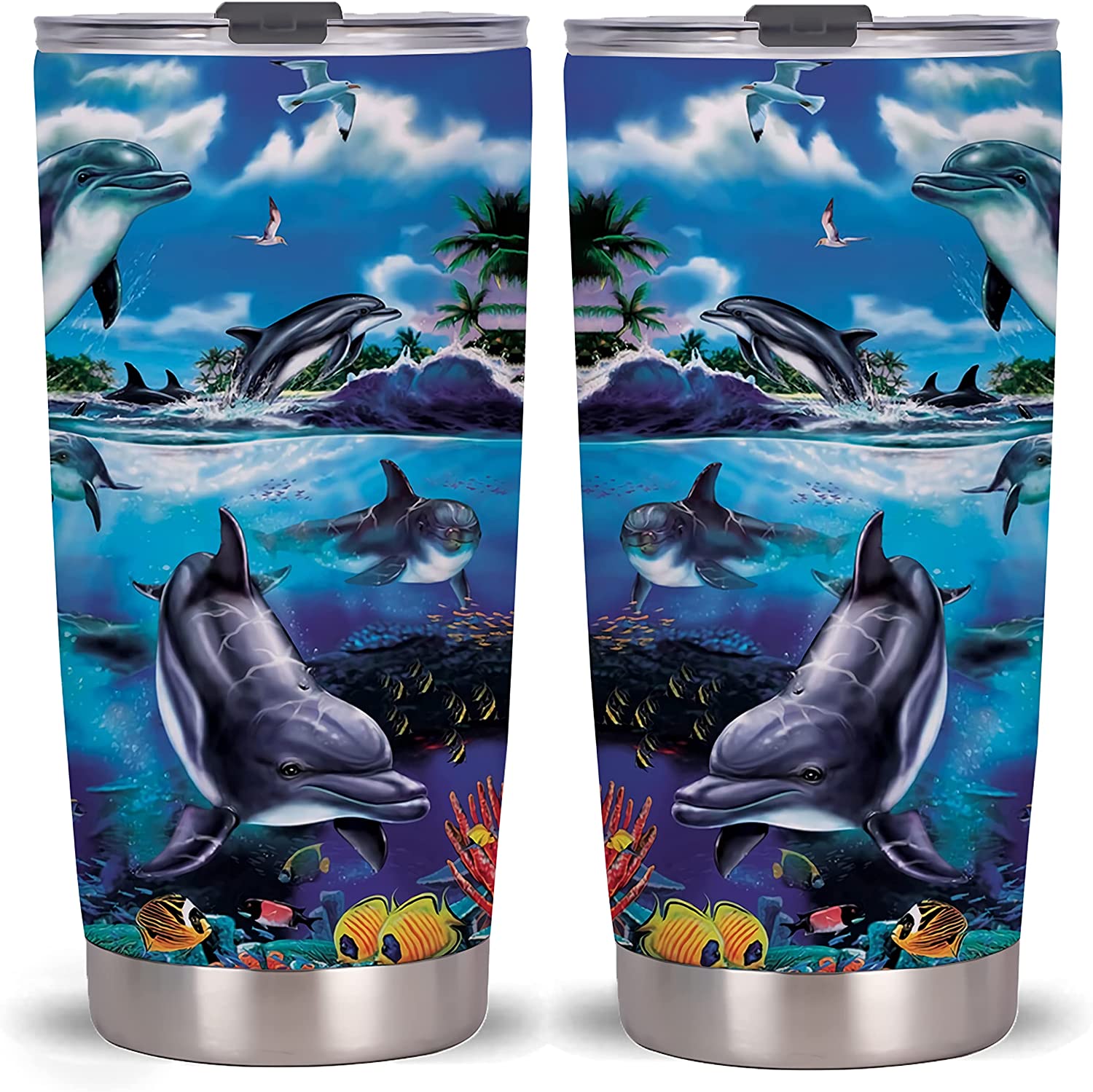 Dolphin Tumbler Cup Vacuum Insulated Stainless Steel Coffee Travel Mug With Lid Sea World (Dolphin)