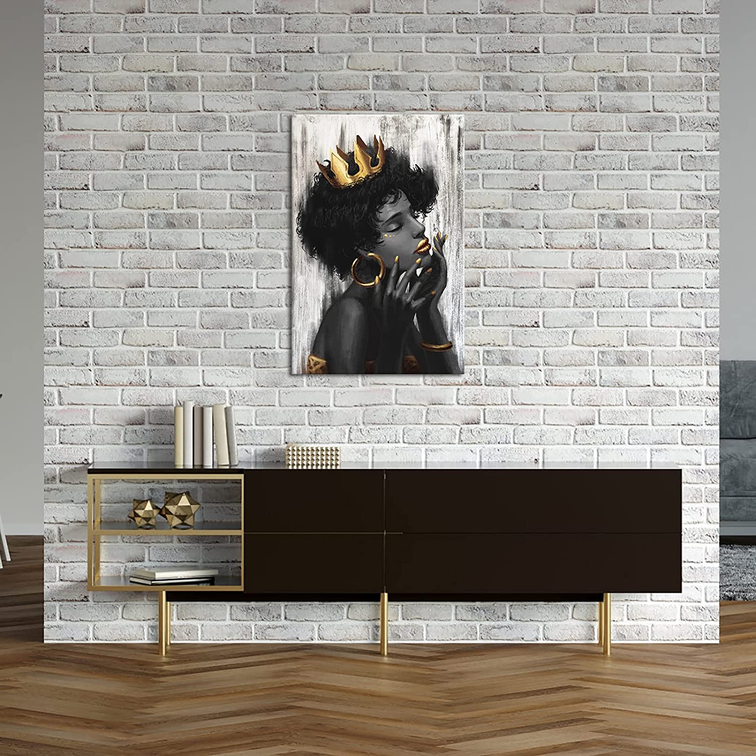 African American Woman Wall Art Fashion Black Woman with Golden Crown Earrings Necklace Canvas Paintings Modern Beautiful Girl Picture Prints