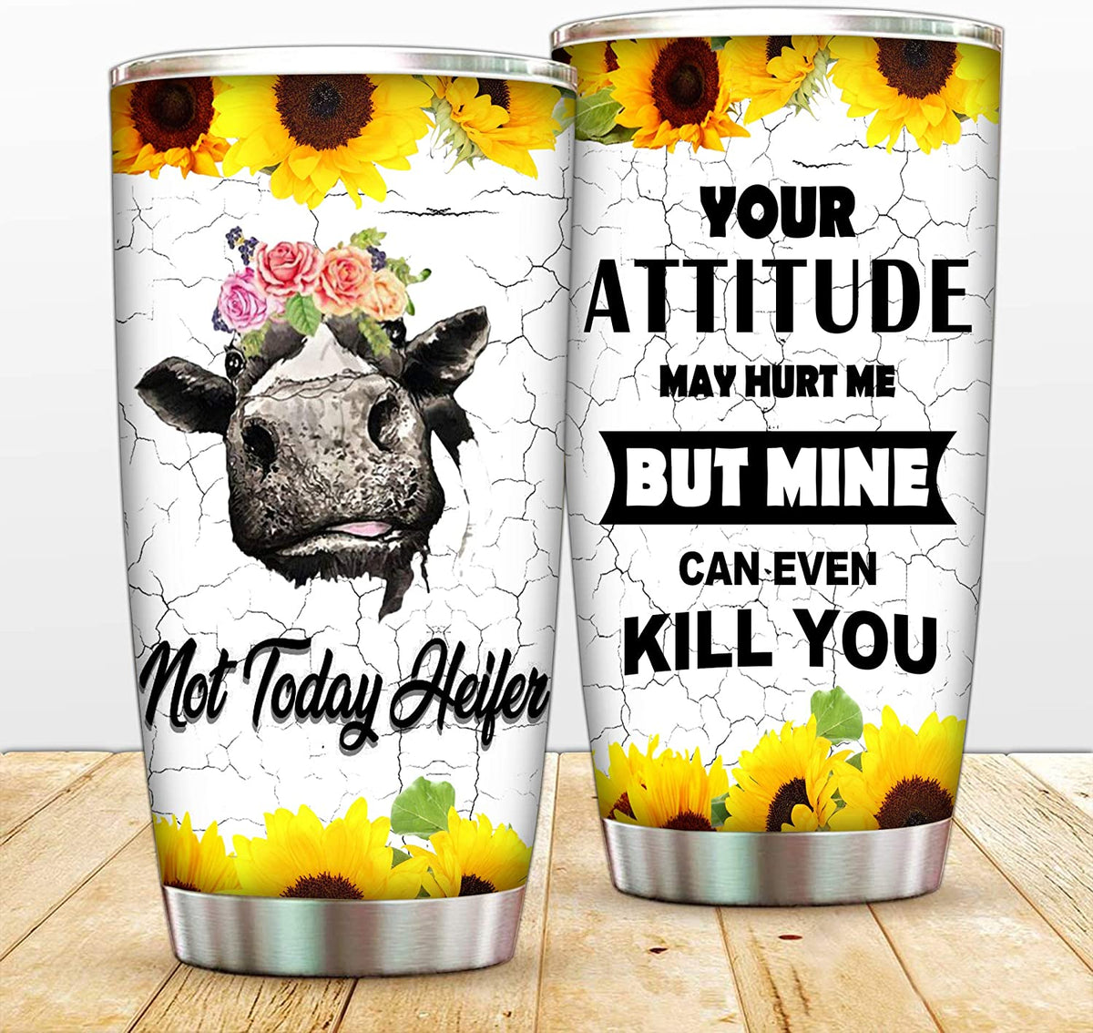 Your Attitude May Hurt Me Cow Flower Steel Tumblers Travel Mug, Flower Vacuum Thermos Insulated Tumbler with Lid and Straw, Coffee Cup For Your Friends Birthday, Christmas Mug, Yellow