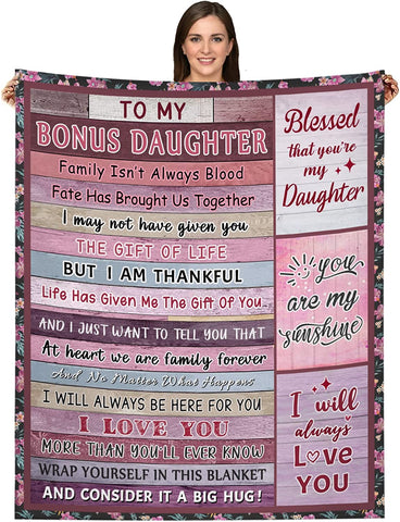 Bonus Daughter Gifts from Stepmom Bonus Mom Mother in Law Stepdad Throw Blankets Bonus Daughter Birthday Graduation for Stepdaughter Blanket