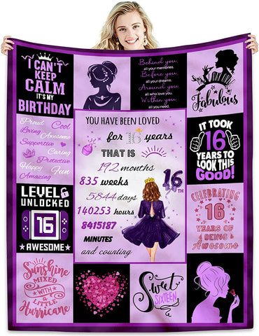 16Th Birthday Blanket, Birthday Gifts For Girls Blanket, Sweet 16Th Birthday Decorations For Girl, 16-Year-Old Girl Birthday Gift Ideas, Best Gifts For 16 Year Old Girls, 16Th Birthday Gift Blankets