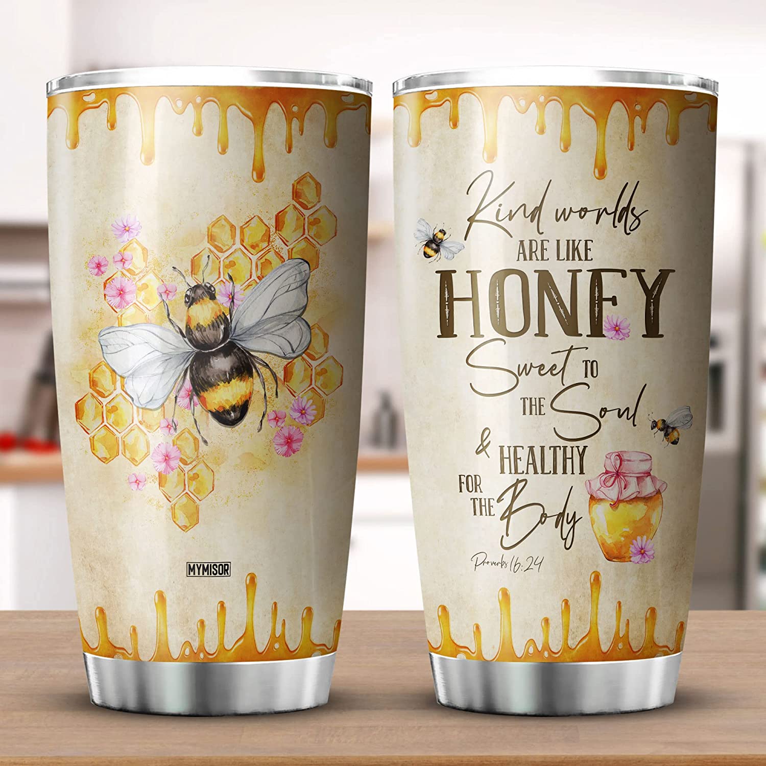 Bee Tumbler With Lid Kind Words Are Like Honey Bee Lover Gifts For Women Bible Verse Mug Proverbs 16 24 Christian Gift Inspirational Saying Yellow Bee Themed Gifts