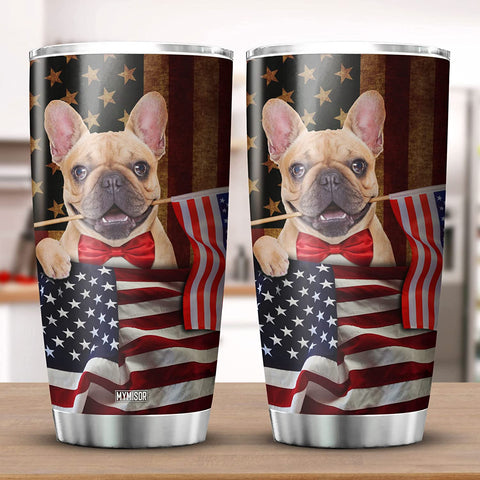 Frenchie Dog Tumbler American Flag Fourth Of July Mug Independence Day Stainless Steel Cups Pet Owner Gift French Bulldog Tumblers Cute Animal Print Cynophilist Dog Gifts