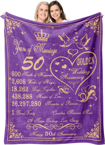 50Th Anniversary Blanket, Gifts For Couple Wife Husband Fifty Golden Wedding Blanket 60"X 50" For Mom Dad Him Her Parents 50 Years Of Marriage Throw Blankets Valentine'S Day Love Gifts Ideas