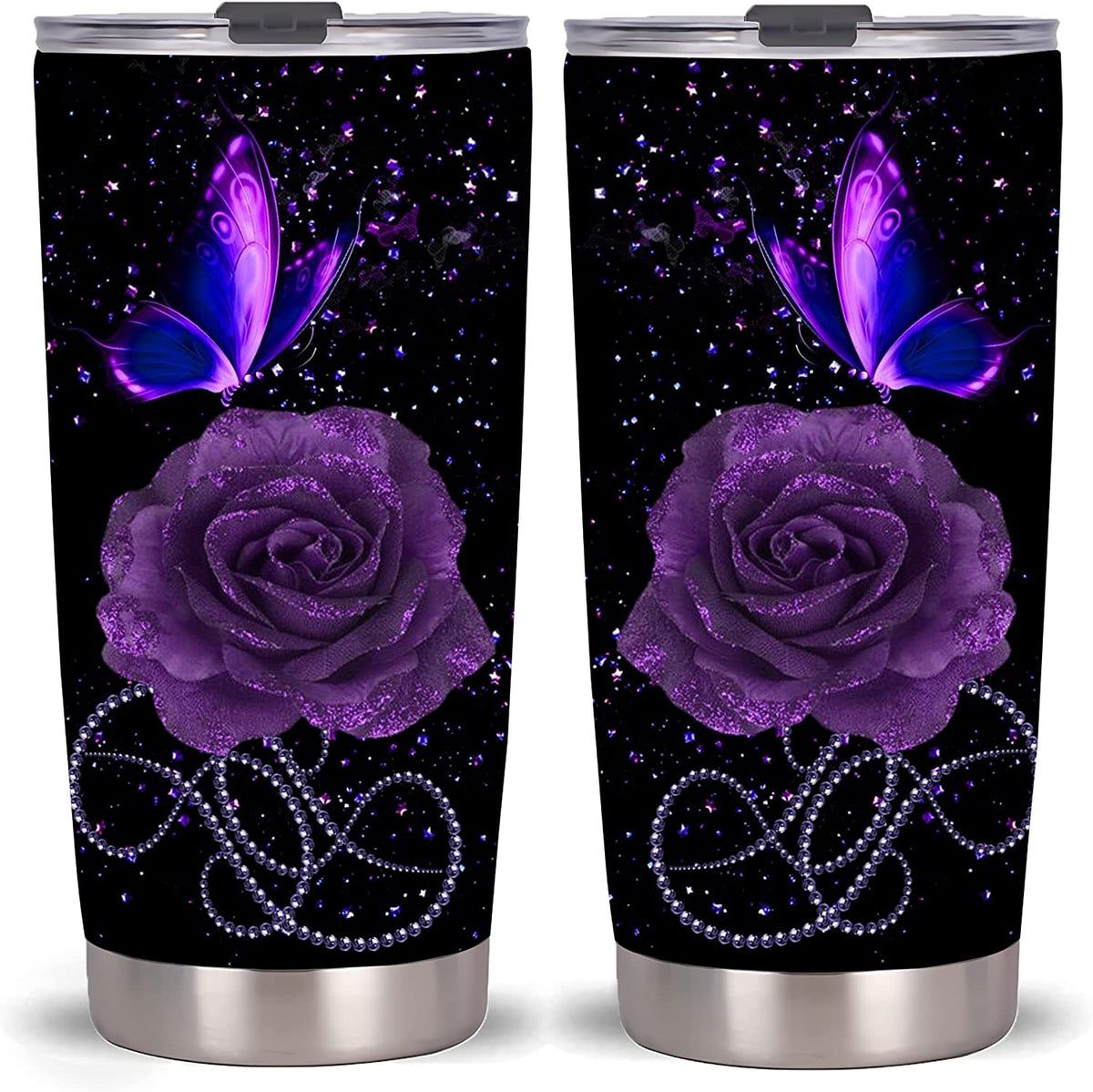 Starry Purple Rose Butterfly Tumbler-Stainless Steel Travel Mug With Lid And Straw ( Starry Purple Rose Butterfly Tumbler )