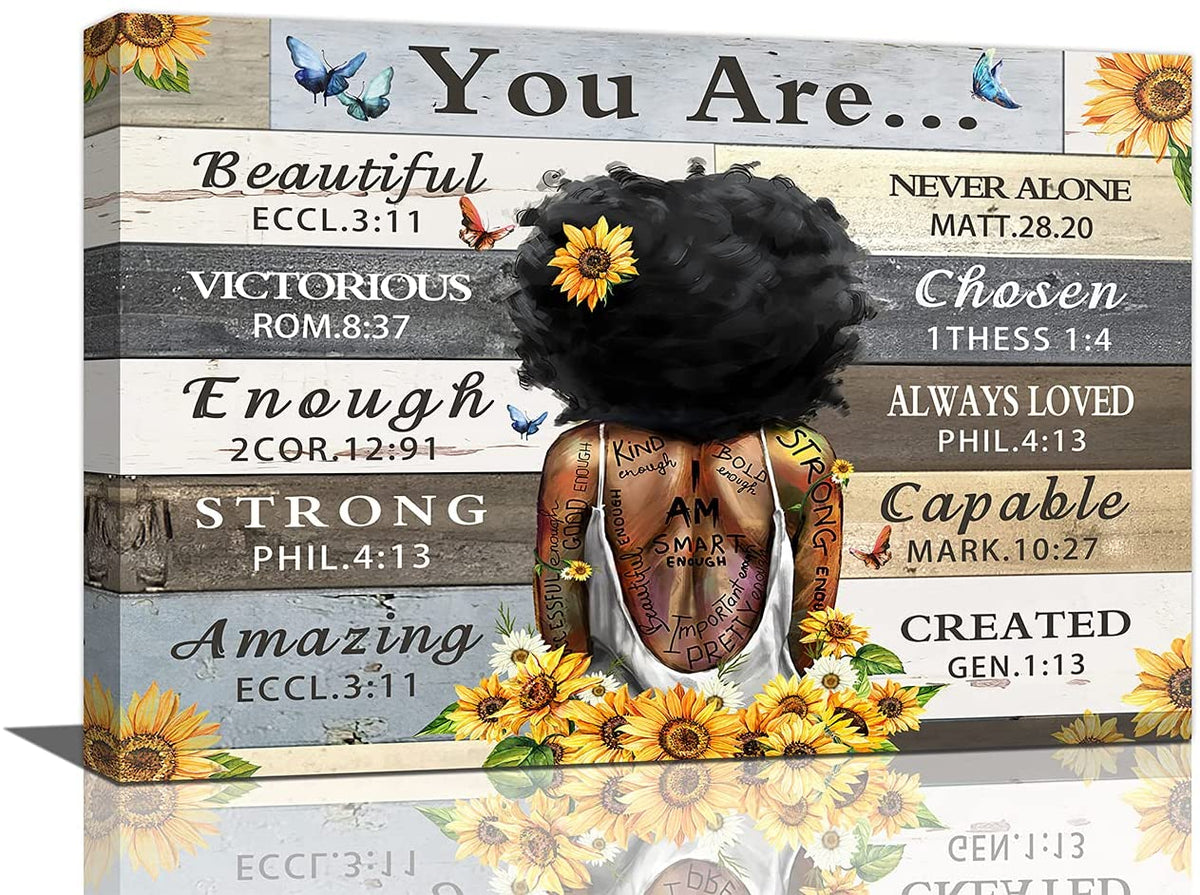 African American Wall Art God Says You Are Canvas Print Black Woman Flower Painting Pictures Quotes Artworks Home Decor For Bathroom Living Room Bedroom