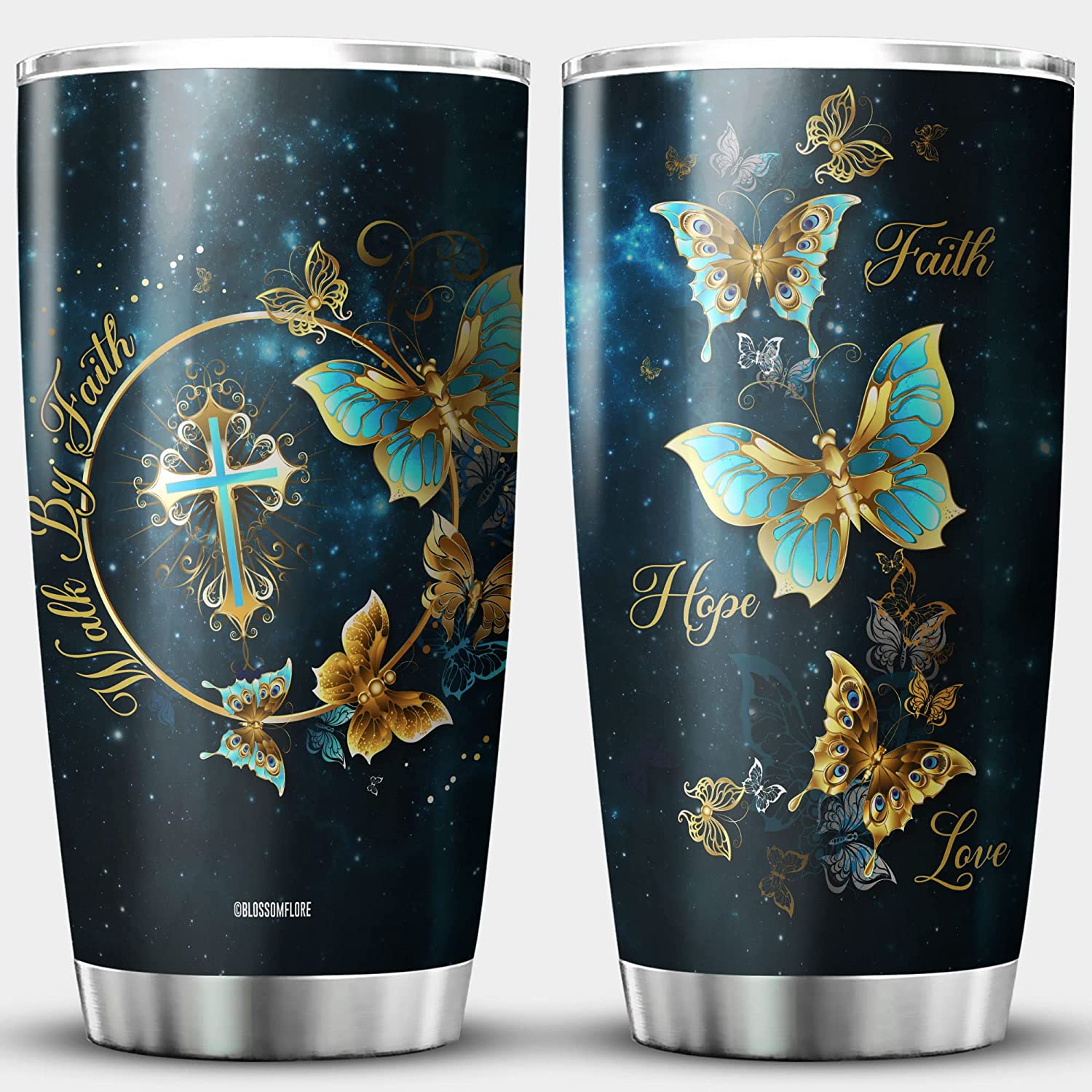 Faith Hope Love Tumbler And Stainless Steel Christian Mugs For Women Butterfly Galaxy Christian Cross Inspirational Quote Corinthians Bible Verse Insulated Tumblers With Lids