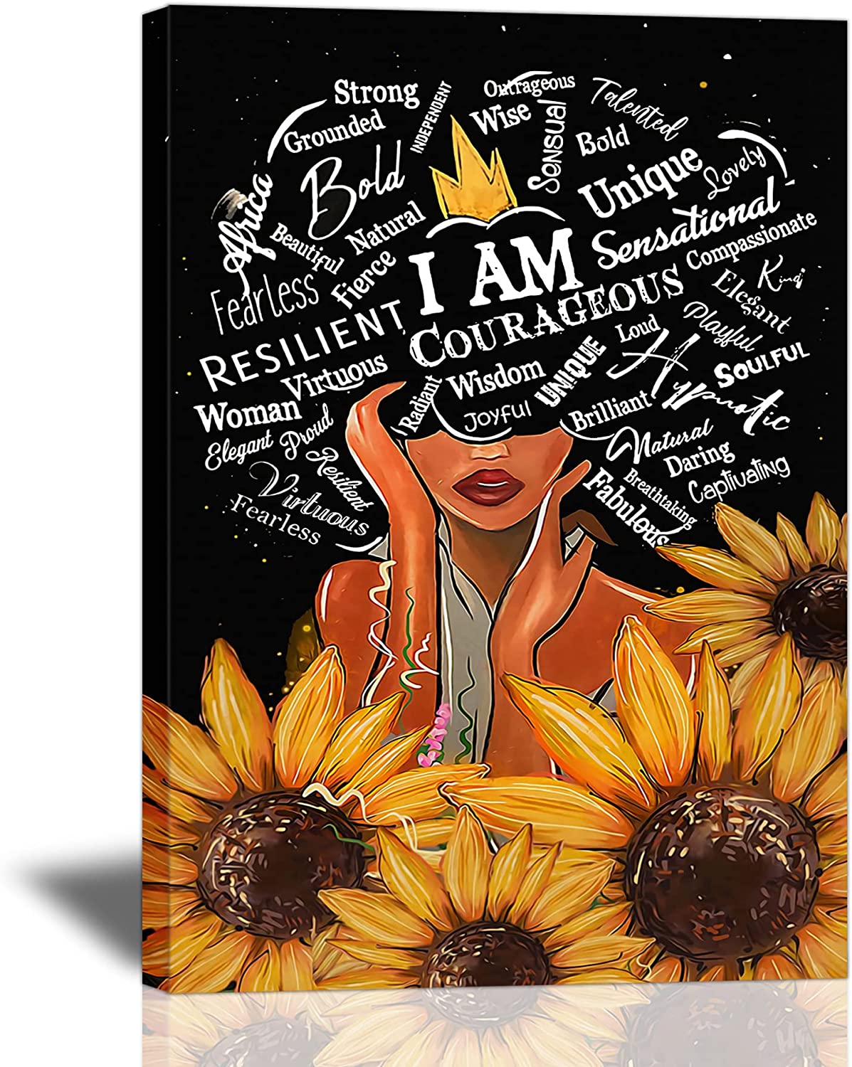 African American Wall Art Black Queen Girl Head Sunflowers Black Girl Artwork Floral Art Prints For Bedroom Living Room