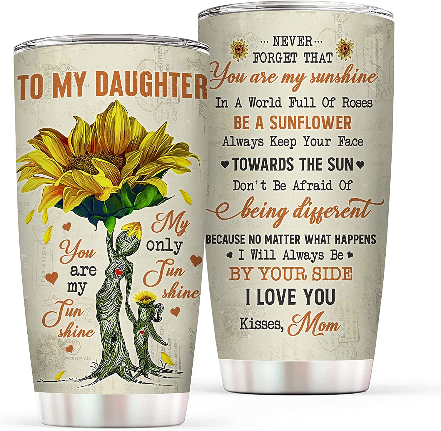 Daughter Tumbler, Daughter Gift from Mom - You Are My Sunshine Insulated Stainless Steel Tumbler Coffee Mug - Valentines Day, Christmas, Wedding Day, Mother's Day, Birthday Gifts