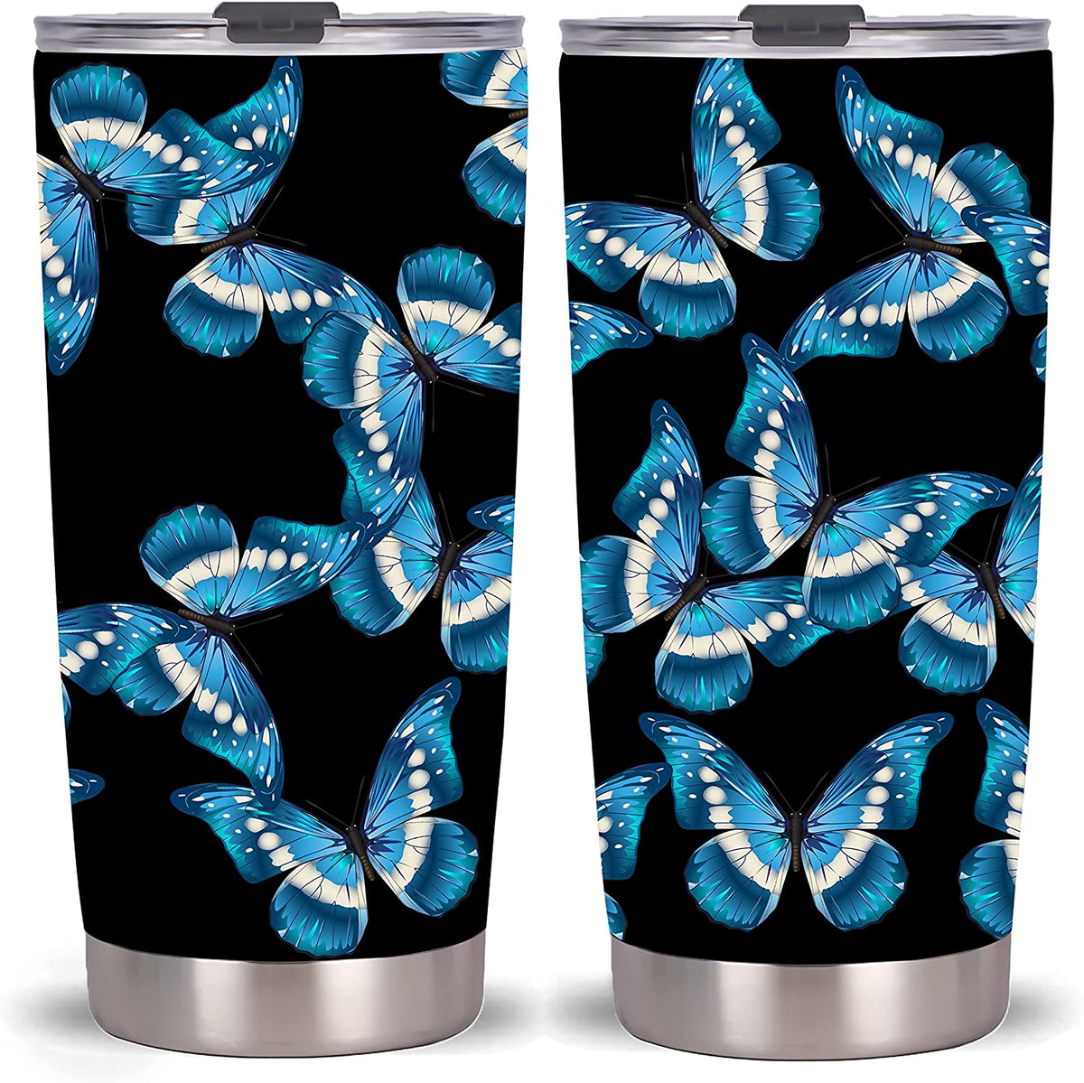 Butterfly Tumbler-Stainless Steel Travel Mug With Lid And Straw (Blue Butterfly),Butterfly Tumbler,