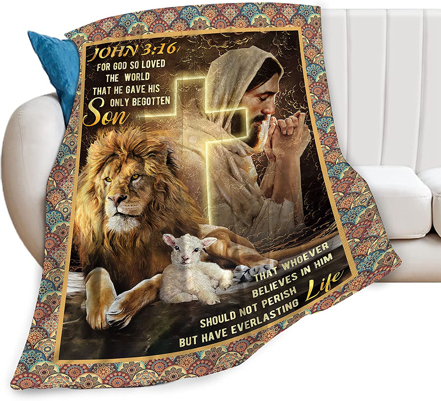 John 3.16 Christian Blanket for Men Christ Lion Lamb Cross Jesus Religious Faith Throw Blanket Christian Bedroom Decor Blanket Gifts for Men Women