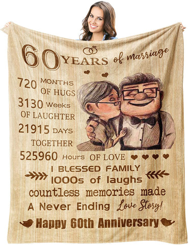 60Th Anniversary Blanket Gifts Gift For 60Th Wedding Anniversary Throw Blankets 60 Years Of Marriage For Couple, Parents, Grandparents Warm Flannel Blanket