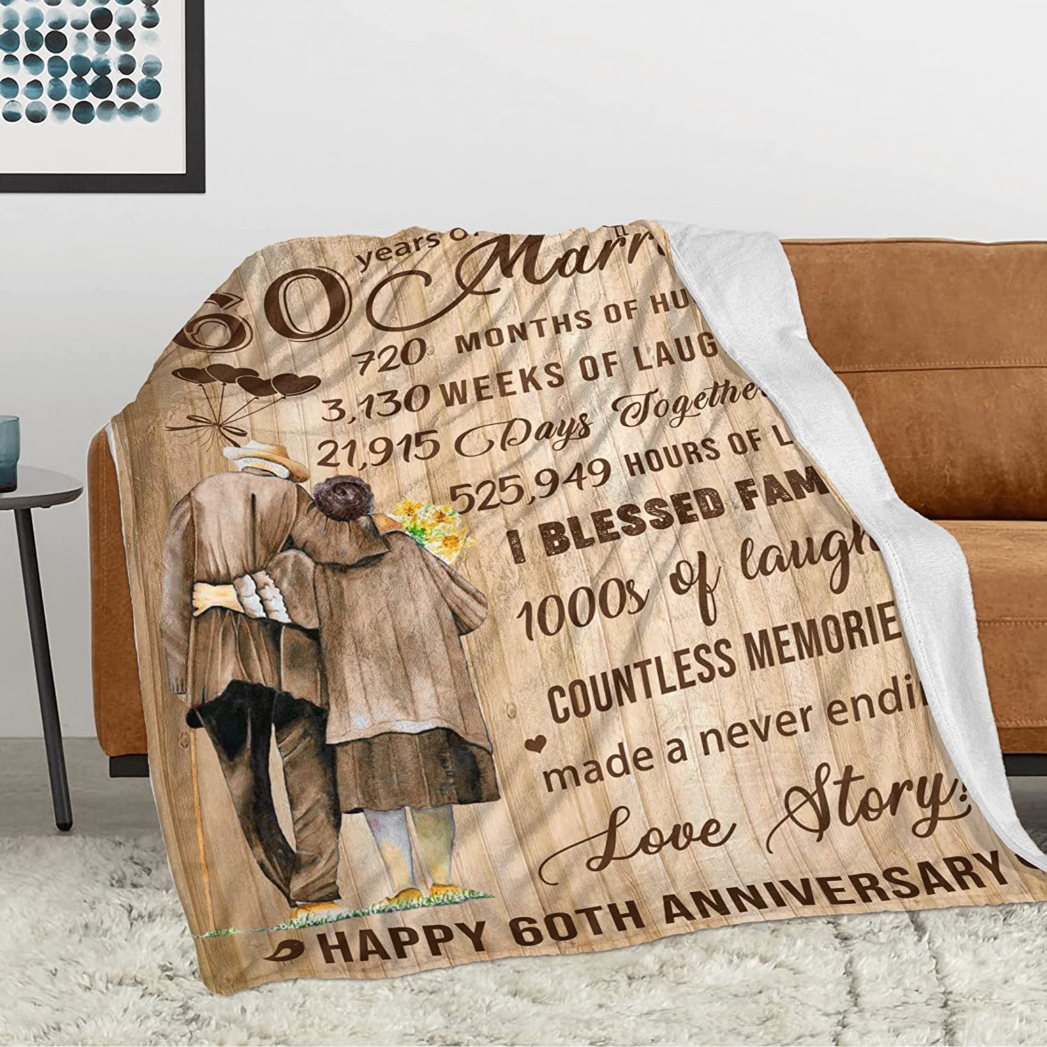 60Th Anniversary Blanket Gift, 60Th Marriage Anniversary Blanket Gift Flannel 50"X60" Throw Blanket For Wife Husband, Anniversary Blanket Gift