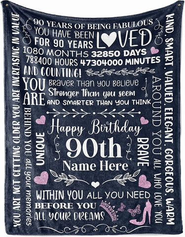 90Th Birthday Blanket 90 Year Old Idea Throw Blankets Decorations Personalized Turning 90 Bday For Her Mom Wife Funny 1932 Anniversary Flannel Fleece Plush Blankets