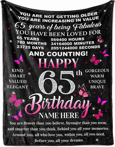 65Th Birthday Blanket For Women Her Wife Sister Mom Friends Grandmother 65 Year Old Blankets Throw Personalized Mothers Day Anniversary Flannel Fleece Plush Blankets