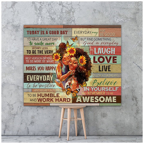 Black Mom and Daughter Canvas Poster, Mother's Day Gift For Black Mother Love Wall Art, Black Family Poster, Afro Mom & Daughter Art, Positive quotes