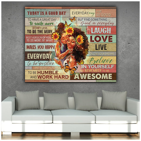 Black Mom and Daughter Canvas Poster, Mother's Day Gift For Black Mother Love Wall Art, Black Family Poster, Afro Mom & Daughter Art, Positive quotes