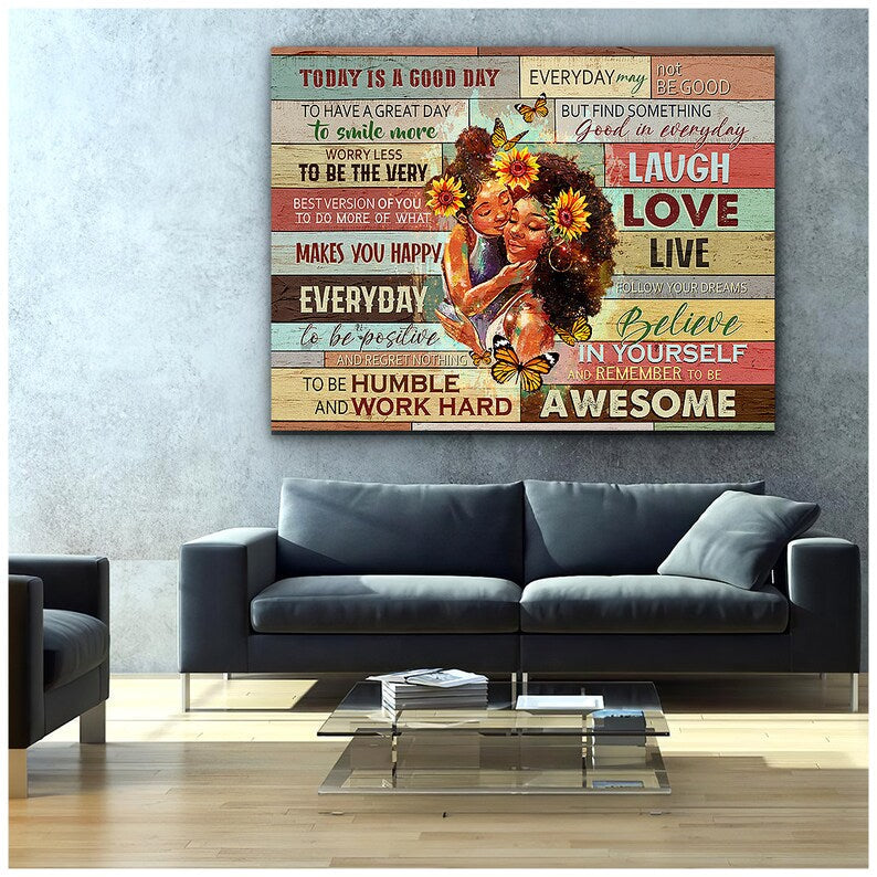 Black Mom and Daughter Canvas Poster, Mother's Day Gift For Black Mother Love Wall Art, Black Family Poster, Afro Mom & Daughter Art, Positive quotes