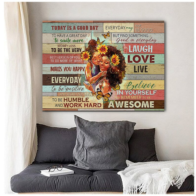 Black Mom and Daughter Canvas Poster, Mother's Day Gift For Black Mother Love Wall Art, Black Family Poster, Afro Mom & Daughter Art, Positive quotes