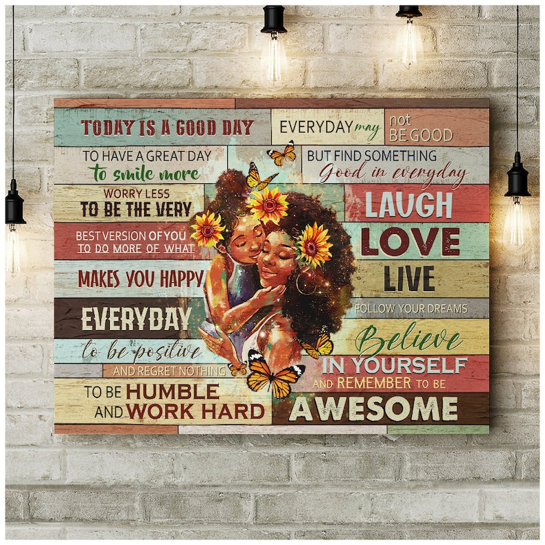 Black Mom and Daughter Canvas Poster, Mother's Day Gift For Black Mother Love Wall Art, Black Family Poster, Afro Mom & Daughter Art, Positive quotes