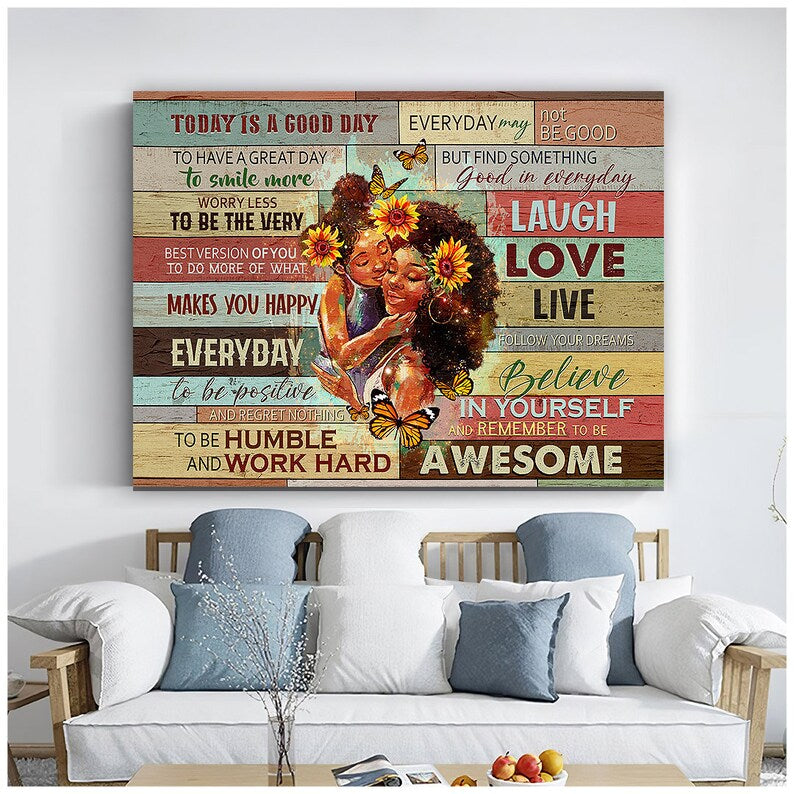 Black Mom and Daughter Canvas Poster, Mother's Day Gift For Black Mother Love Wall Art, Black Family Poster, Afro Mom & Daughter Art, Positive quotes