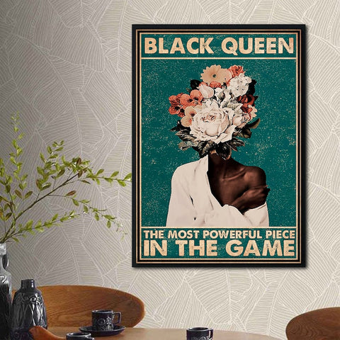 Black Queen Canvas, Black Queen The Most Powerful Piece In The Game Canvas, Black Girl Flower Poster, Black Queen Wall Art, African American Wall Art, Black Art