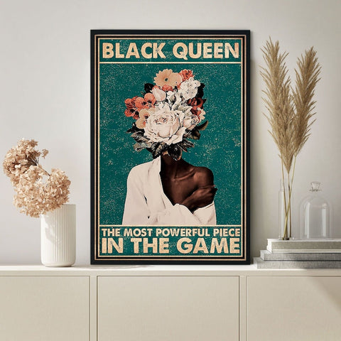 Black Queen Canvas, Black Queen The Most Powerful Piece In The Game Canvas, Black Girl Flower Poster, Black Queen Wall Art, African American Wall Art, Black Art