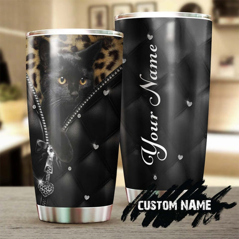 Black Cat Leather Style Personalized Tumbler-Black Cat Tumbler-Gift For Cat Mom Cat Dad- Gift For Cat Lover-Cat Day Gift